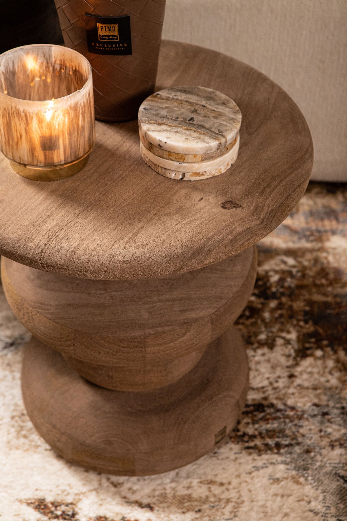 Round Side Table Keven Ribbed Mango Wood Natural PTMD
