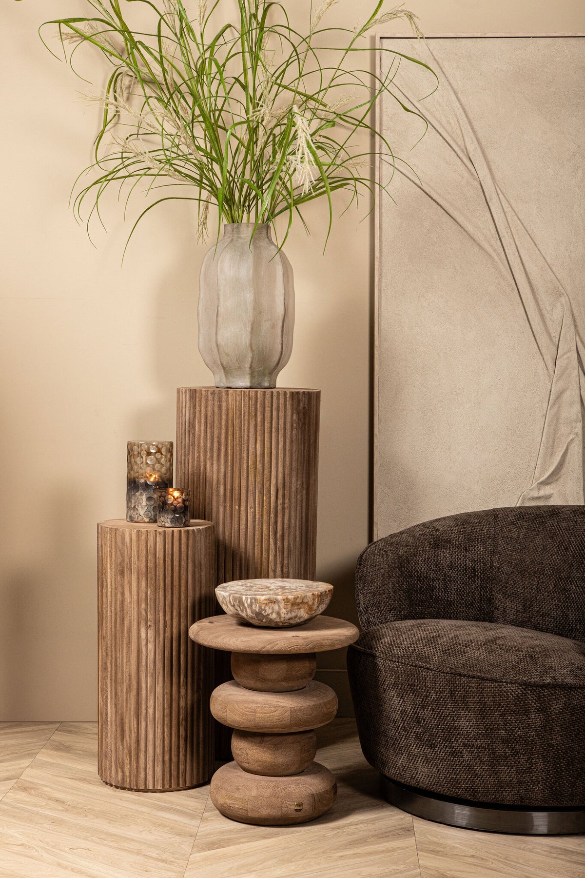 Round Side Table Keven Ribbed Mango Wood Natural PTMD