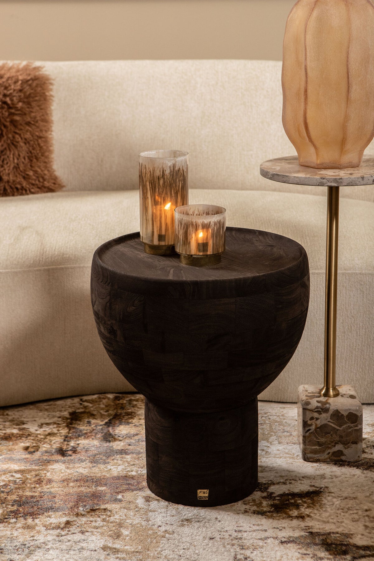 Side Table Erno Brown Mango Wood On Base Round PTMD