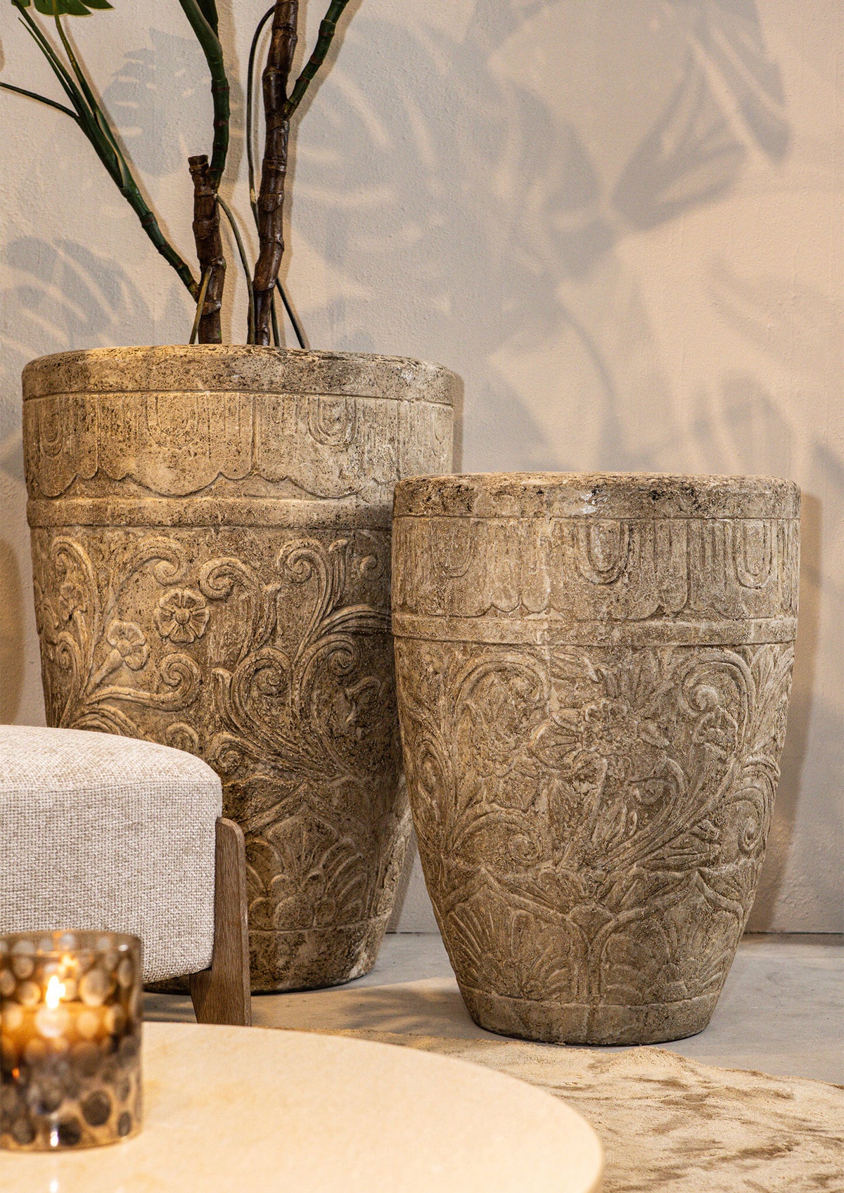 Sasha Cream Cement Fiber Pot Flower Pattern Round L PTMD