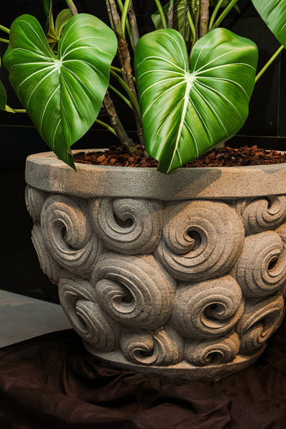 Flower pot Jersiah Grey Cement Curly Relief Round Large PTMD