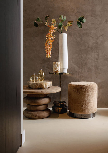 Cemile Brown Fabric Round Fur Pouf PTMD