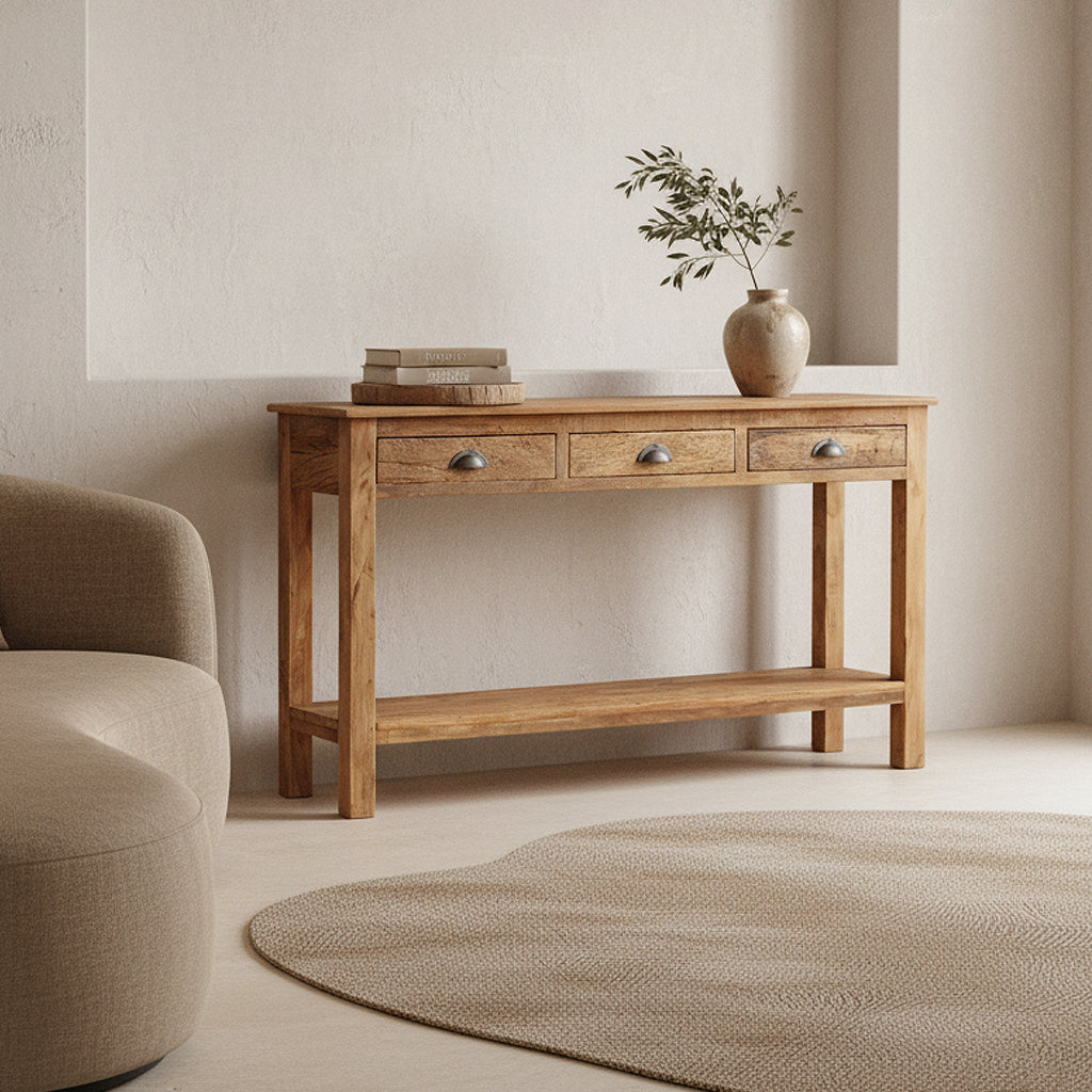 Farmwood Side Table With 3 Drawers Raw Materials