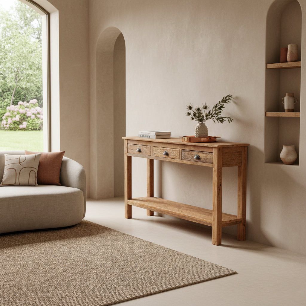 Farmwood Side Table With 3 Drawers Raw Materials