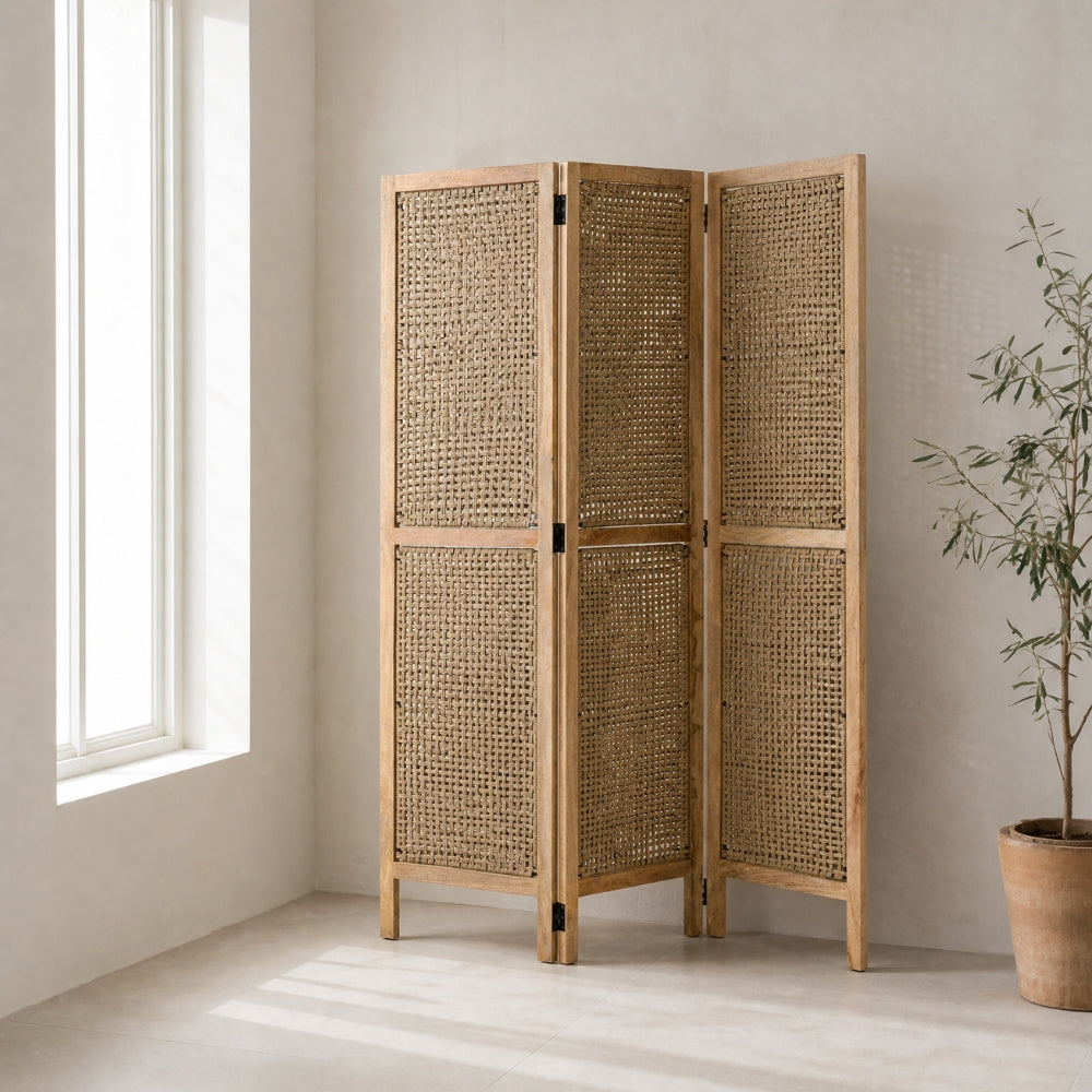 Room Divider With Rattan Panels Natural Mango Wood J-Line