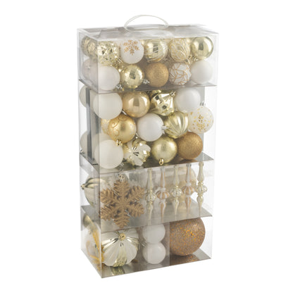 Box Of 80 White/Gold-Colored Plastic Christmas Baubles J-Line
