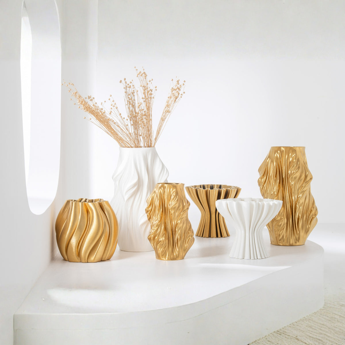 Vase 3D Printed Irregular Porcelain Gold-Colored Small J-Line