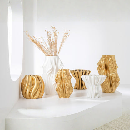 Vase 3D Printed Irregular Porcelain Gold-Colored Small J-Line