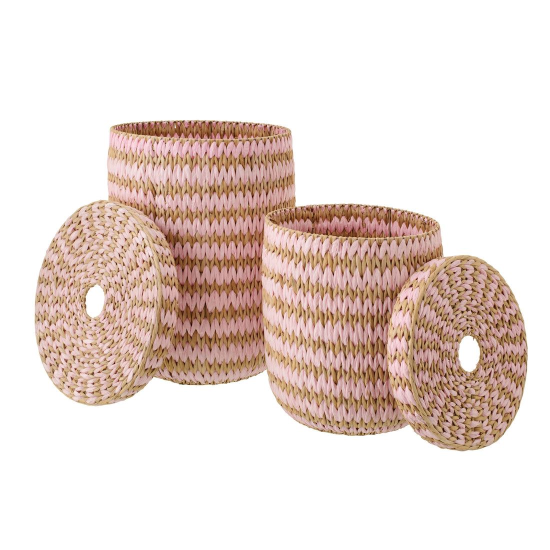 Set of 2 Baskets with Lid Striped Trim Natural/Light Pink J-Line