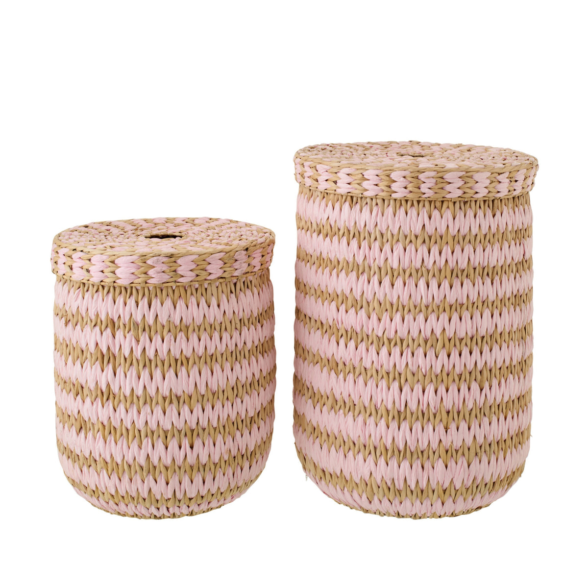 Set of 2 Baskets with Lid Striped Trim Natural/Light Pink J-Line