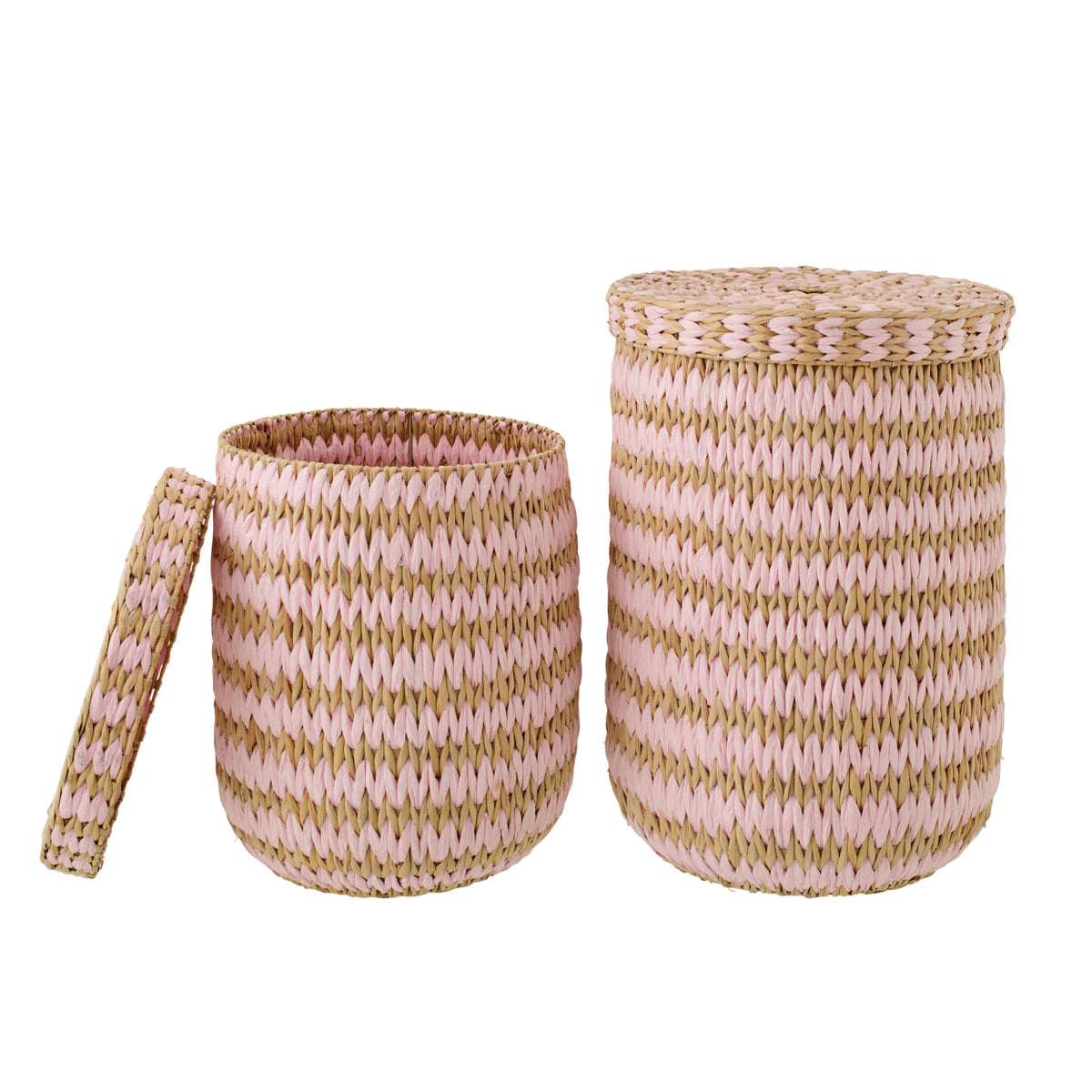 Set of 2 Baskets with Lid Striped Trim Natural/Light Pink J-Line
