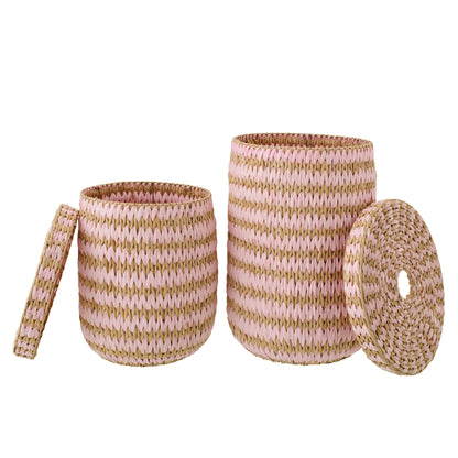 Set of 2 Baskets with Lid Striped Trim Natural/Light Pink J-Line