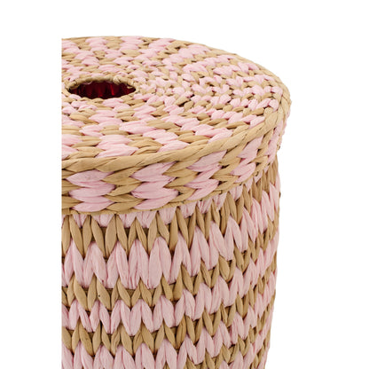 Set of 2 Baskets with Lid Striped Trim Natural/Light Pink J-Line