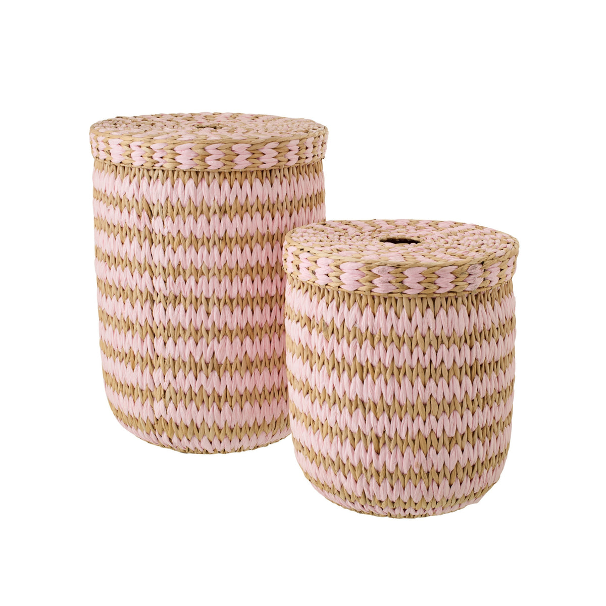 Set of 2 Baskets with Lid Striped Trim Natural/Light Pink J-Line
