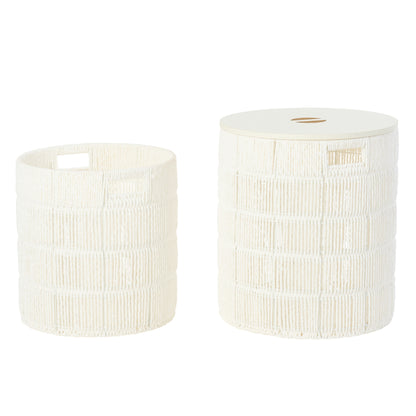 Set Of 2 Round White Paper Baskets + Lids J-Line