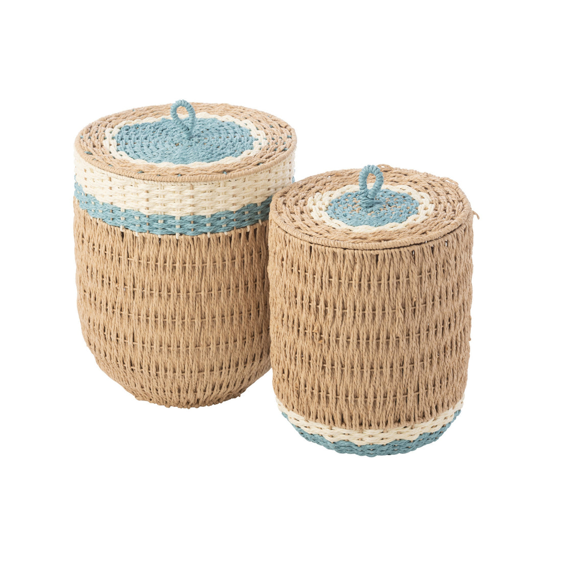 Set Of 2 Baskets With Lid Striped Paper Natural/Light Blue J-Line