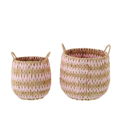 Set Of 2 Baskets With Handles Striped Trim Natural/Light Pink J-Line