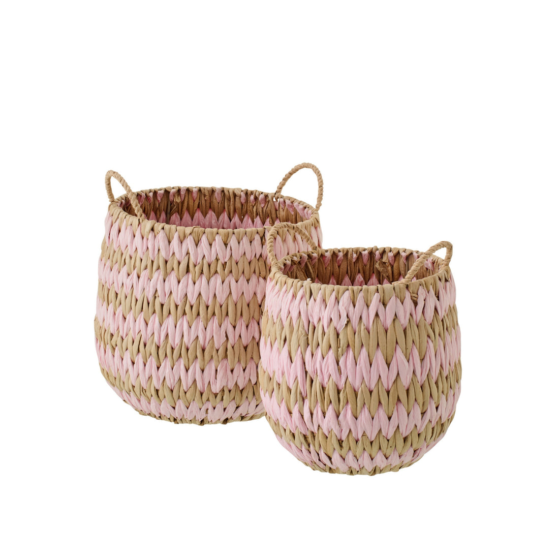 Set Of 2 Baskets With Handles Striped Trim Natural/Light Pink J-Line