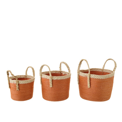Set Of 3 Baskets With Handles Paper Dark Orange/Natural  J-Line