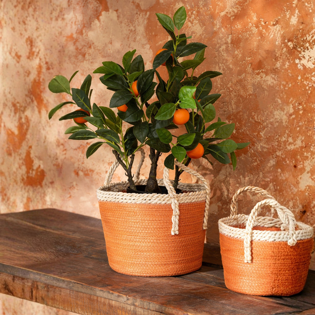 Set Of 3 Baskets With Handles Paper Dark Orange/Natural  J-Line