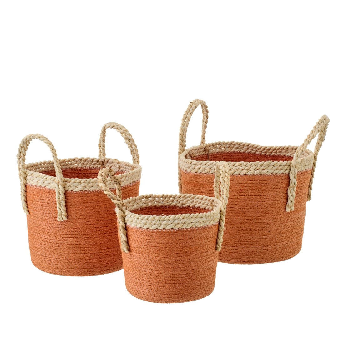 Set Of 3 Baskets With Handles Paper Dark Orange/Natural  J-Line