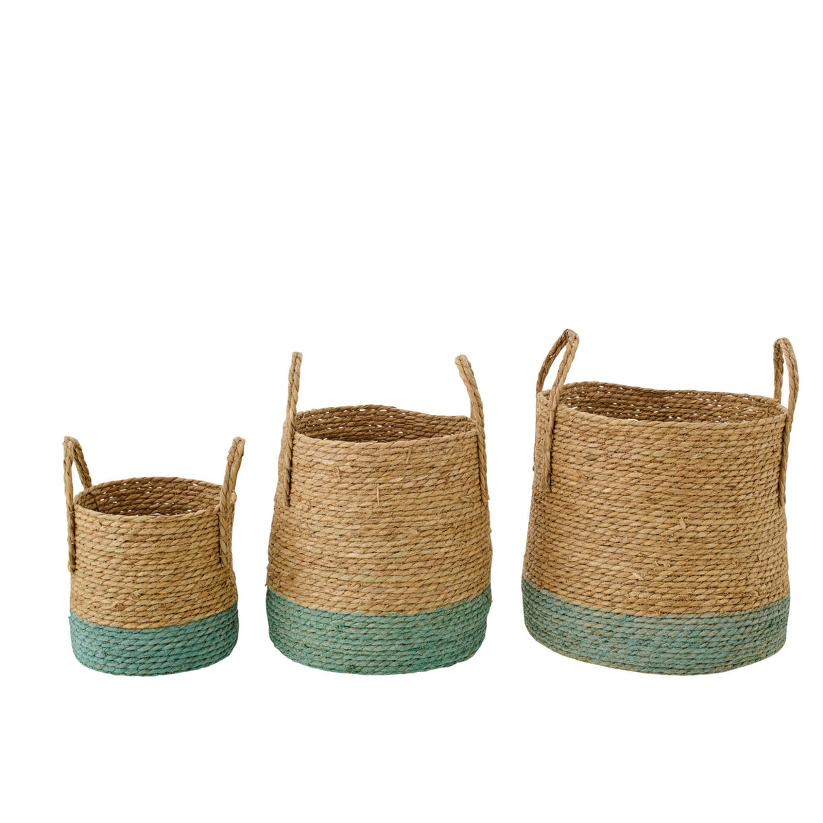 Set Of 3 Baskets With Handles Natural/Grey-Green Trim J-Line