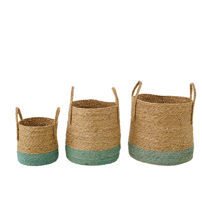 Set Of 3 Baskets With Handles Natural/Grey-Green Trim J-Line