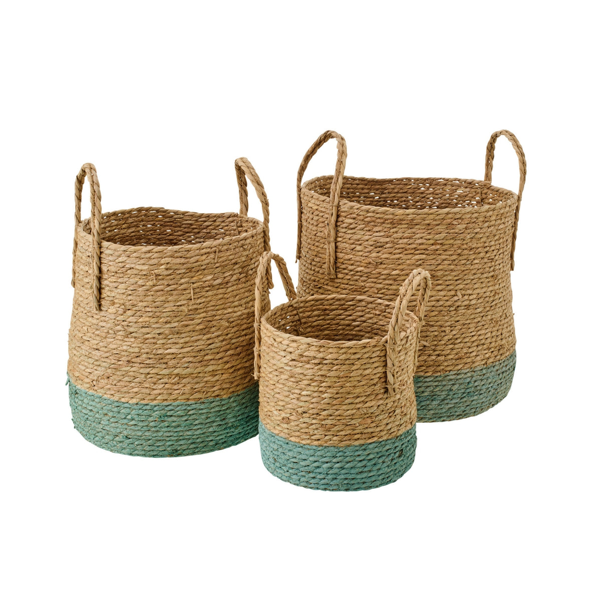 Set Of 3 Baskets With Handles Natural/Grey-Green Trim J-Line