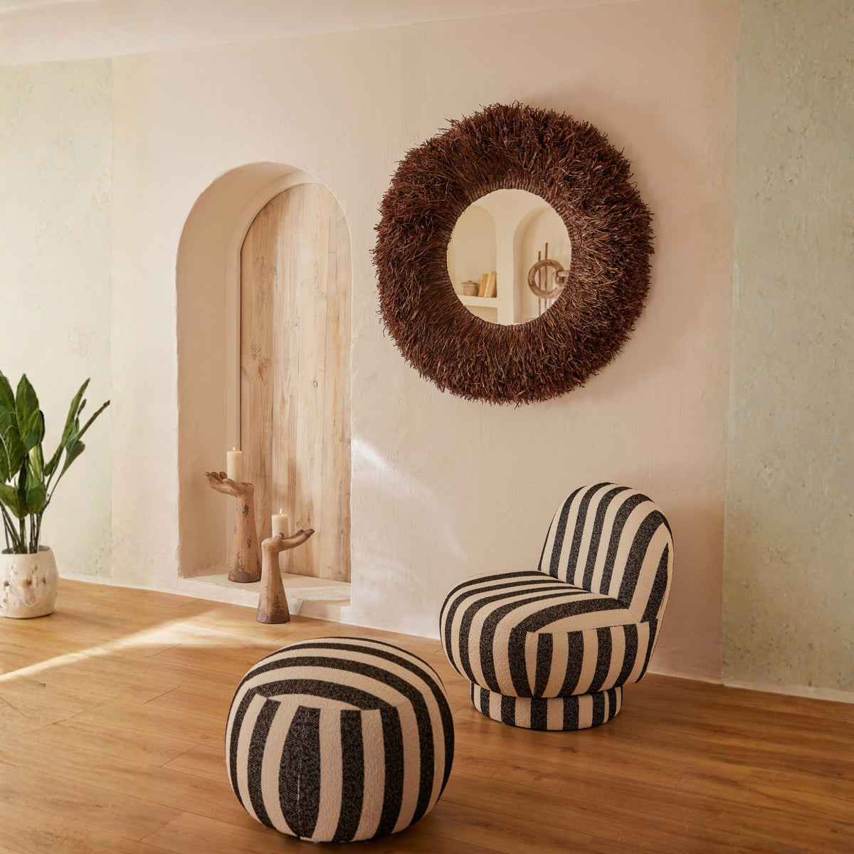 Round Wall Mirror Sisal Dark Brown J-Line