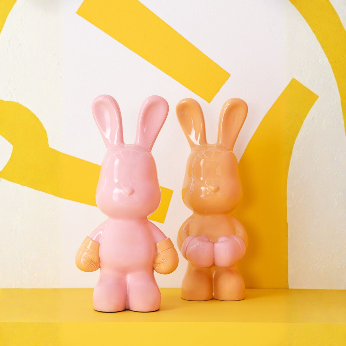 J-Line Set of 2 Rabbit Ray Boxing Polyresin Light Pink/Apricot