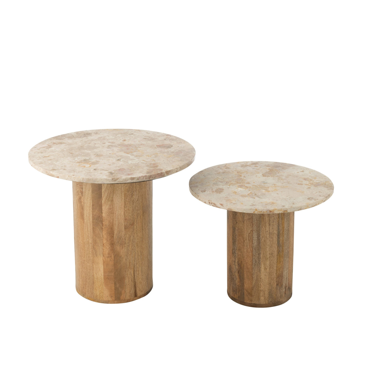 Side Table Round Marble - Wood - Beige/Brown - Set of 2 J-Line