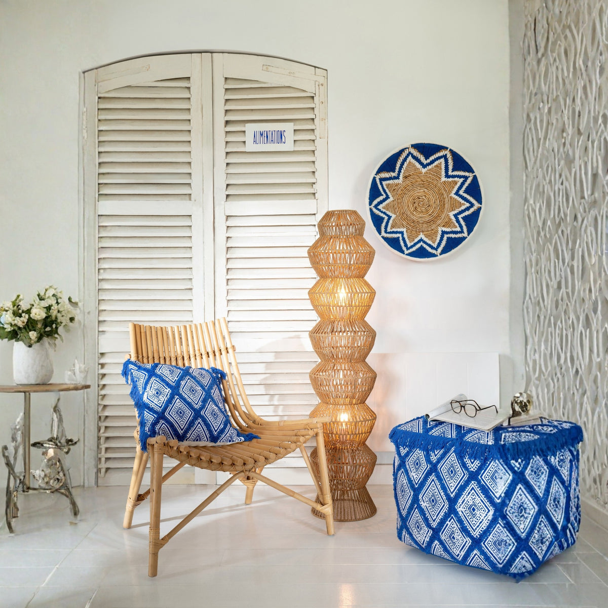 Pouf Oriental Pattern Cotton Blue/White J-Line