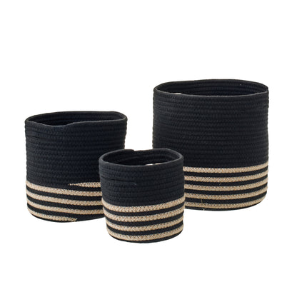 Set of 3 Baskets Striped Polyester Black/Beige J-Line