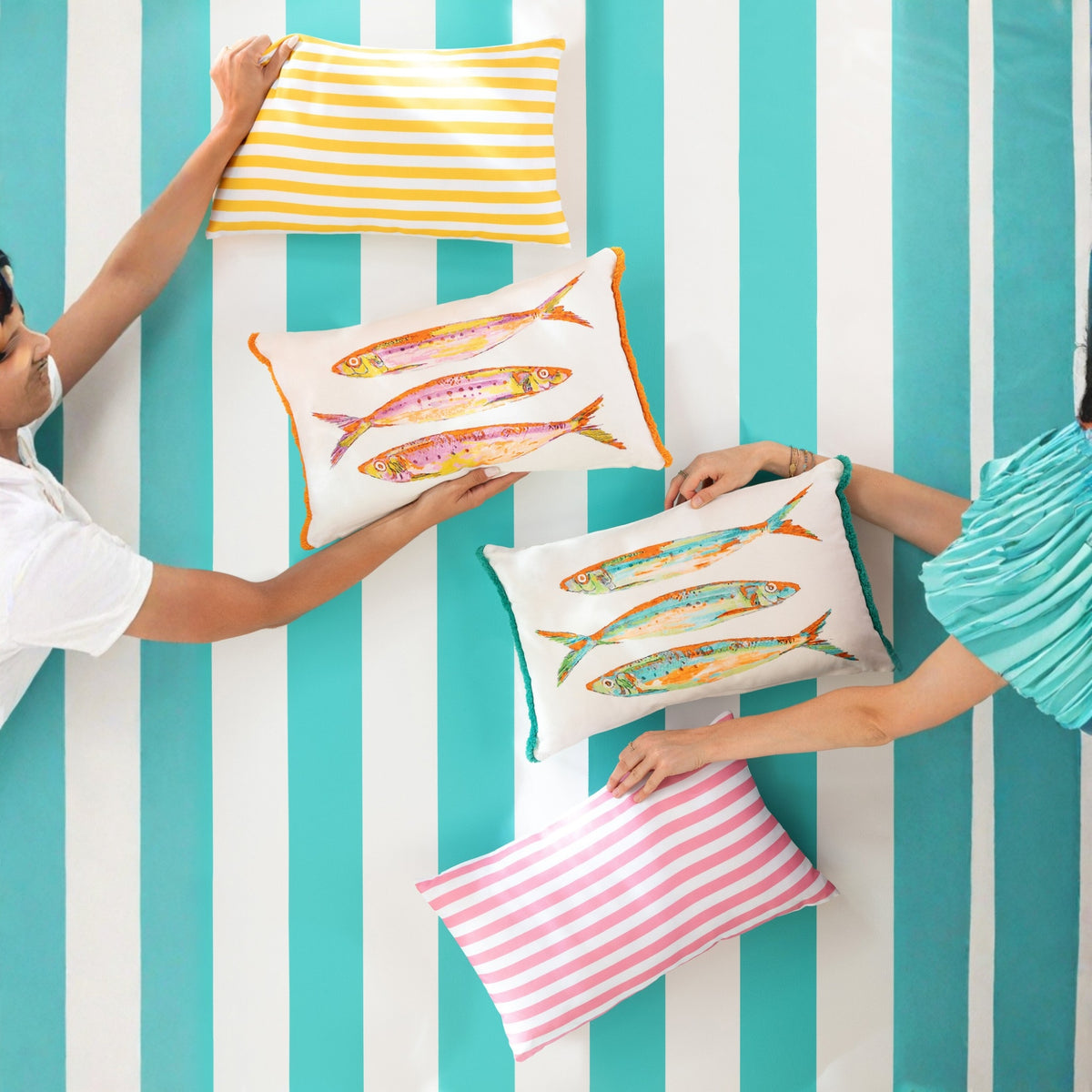 J-Line Assorted Multi-Colored Striped Rectangular Outdoor Polyester Cushion, Set of 3