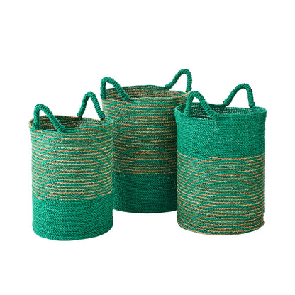 Set of 3 Striped Raffia Baskets Dark Green/Natural J-Line