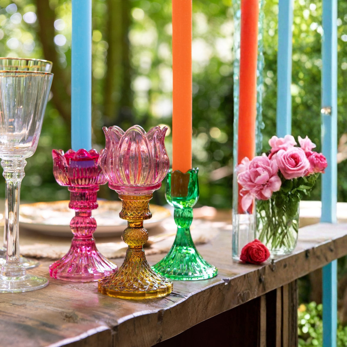 J-Line Set of 3 Mixed Glass Rose Candle Holders