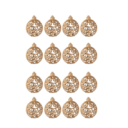 Box Of 16 Christmas Baubles Baroque Pattern Plastic Peach J-Line