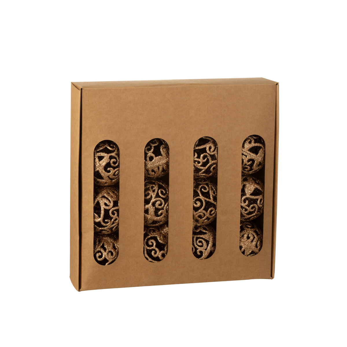 Box Of 16 Christmas Baubles Baroque Pattern Plastic Peach J-Line