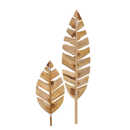 Set of 2 Wall Objects Leaves Teak Wood Natural J-Line