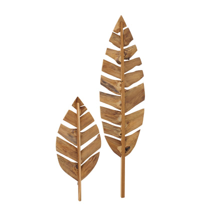 Set of 2 Wall Objects Leaves Teak Wood Natural J-Line