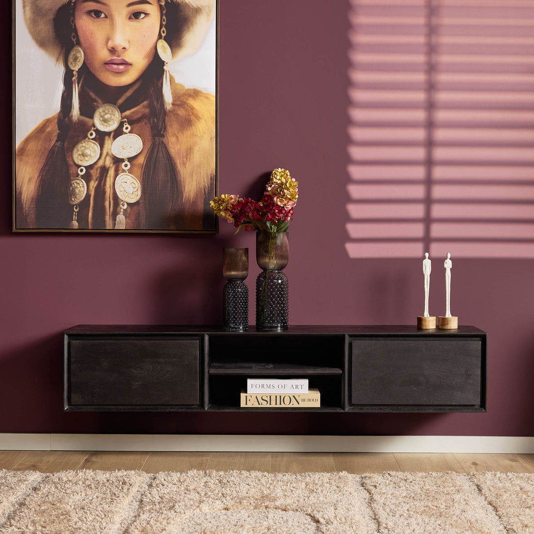 Floating TV Stand Ambiance Mango Wood Black 160cm Starfurn