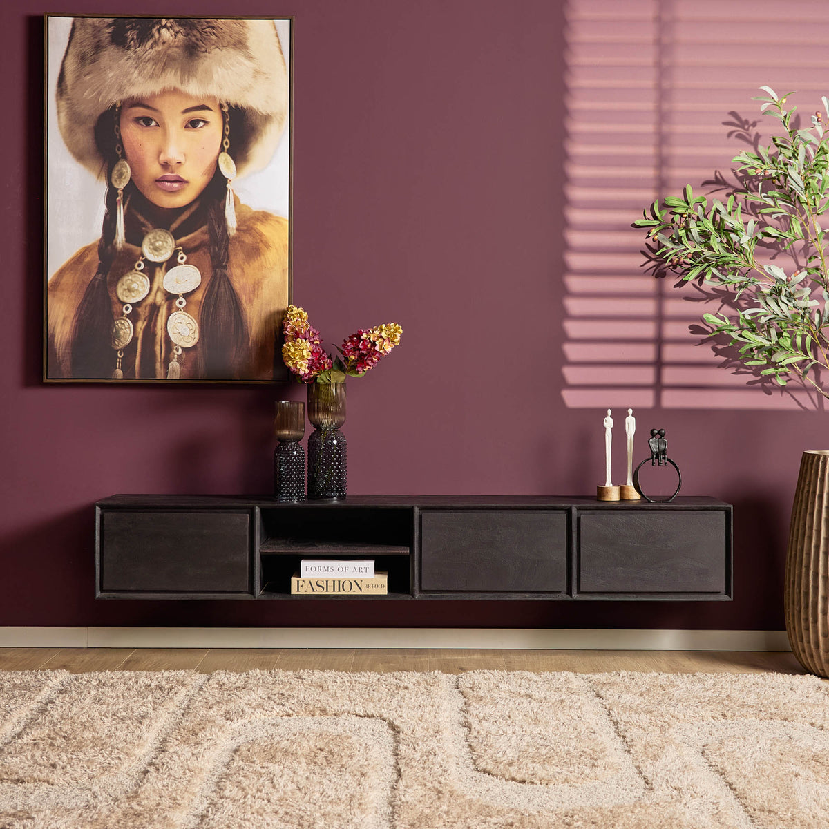 Floating TV Stand Ambiance Mango Wood Black 200cm Starfurn