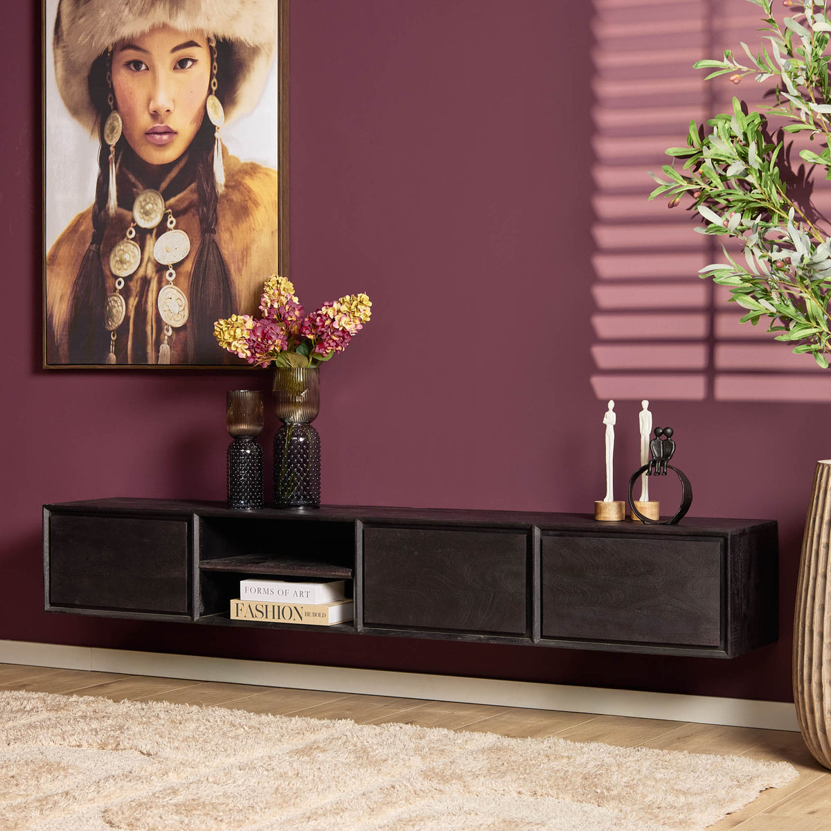Floating TV Stand Ambiance Mango Wood Black 200cm Starfurn