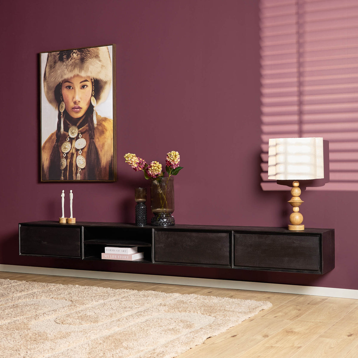 Floating TV Stand Ambiance Mango Wood Black 280cm Starfurn