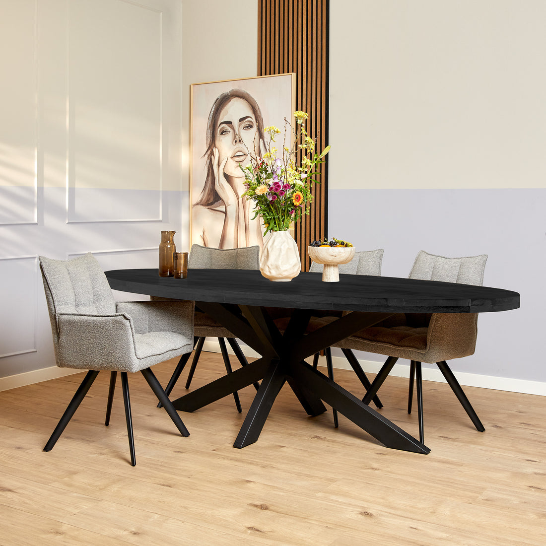 Denver Mango Wood Black Oval Dining Table 240cm Starfurn