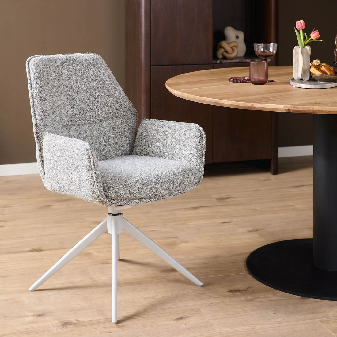 Hera Dining Chair Fabric Light Grey With Armrest Starfurn