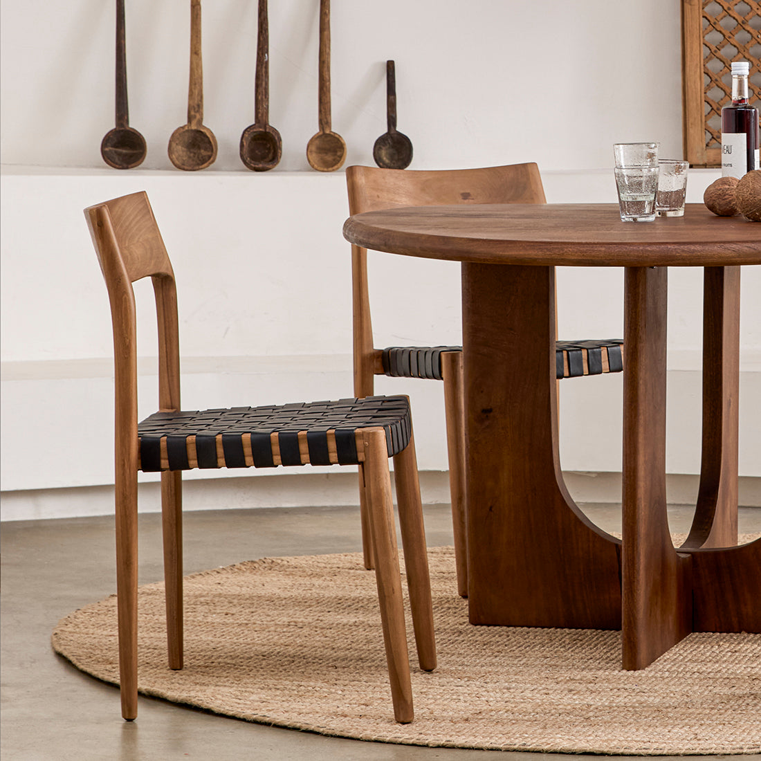 Freya Teak Dining Chair without Armrest Black Leather Set of 2 Raw Materials