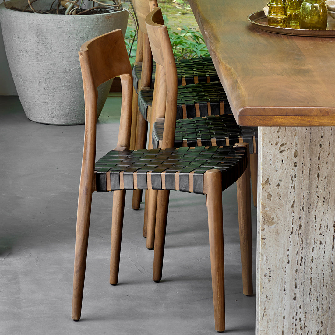 Freya Teak Dining Chair without Armrest Black Leather Set of 2 Raw Materials