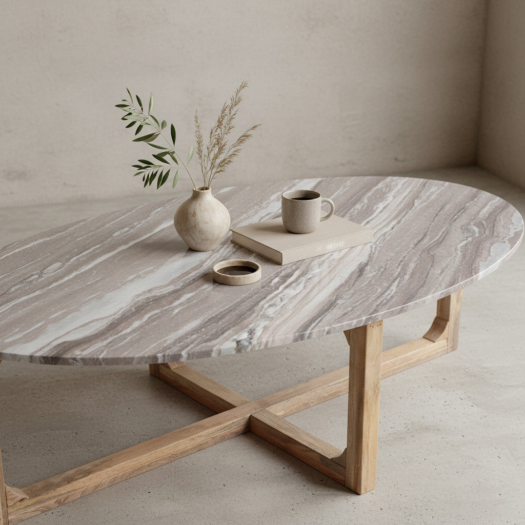 Coffee Table Marble Fantasy Oval Brown Raw Materials