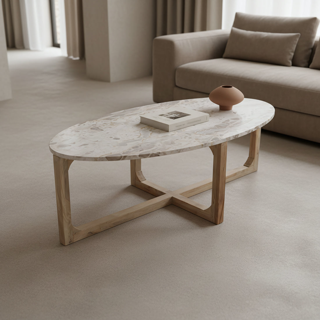 Oval Marble Coffee Table Cream Raw Materials